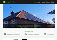 Renegade Solar homepage with top links - Home, About, Services, Reviews, Gallery, Contact - and a photo of a solar panel install on a bright Manchester day