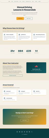 The Keen On Driving homepage in the deep teal and marigold theme, with two-hour lesson prices, a WhatsApp contact link and the areas covered in the Rossendale Valley