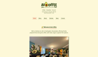 Avo Coffee homepage, showing "Home", "Menu", "About", "Reviews", "News", and "Contact" pages, along with a a photo of the cafe and a welcoming introduction paragraph